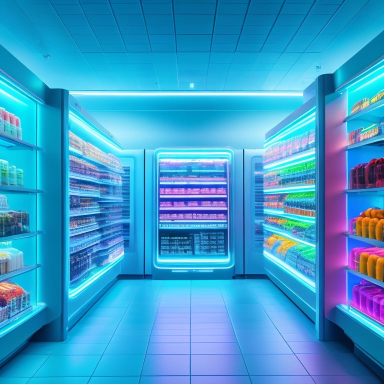 A futuristic supermarket interior with holographic product displays, self-checkout robots, and augmented reality shelves, illuminated by sleek neon lights and surrounded by minimalist, metallic architecture.