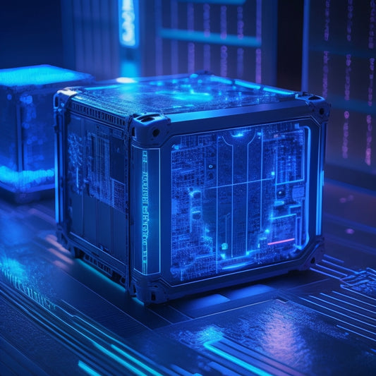 An image of a sleek, silver shipping container with a futuristic, glowing blue circuit board pattern emblazoned on its side, surrounded by swirling, neon-lit packaging labels and drone silhouettes.