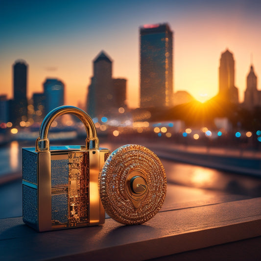 A golden lock bursting open, surrounded by shopping bags, laptops, and various e-commerce icons, with a subtle background of a cityscape at dusk, symbolizing unlocking secrets to online business success.