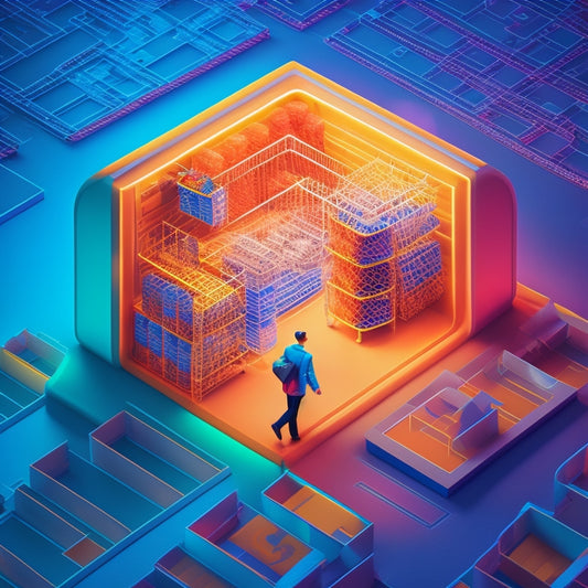 A stylized illustration of a person navigating a maze, with shopping carts and ecommerce icons serving as stepping stones, leading to a bright, glowing exit symbolizing success.