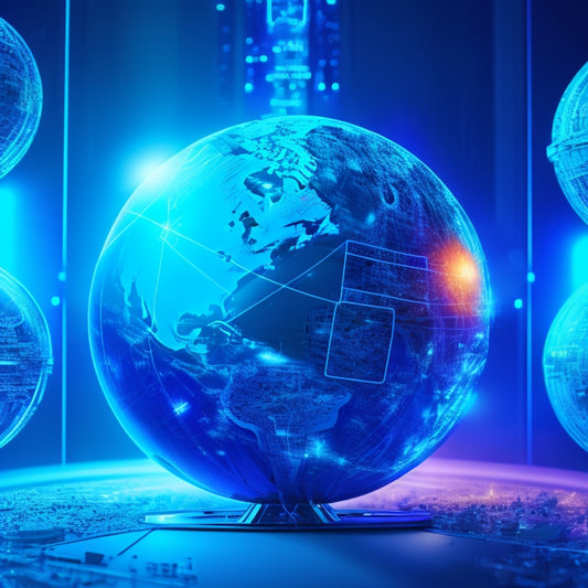 A futuristic, high-tech background with glowing blue circuits and wires, featuring a large, stylized globe with a secure lock at its center, surrounded by various digital payment methods.