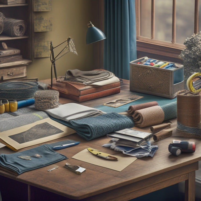 An illustration of a tailor's workspace with yearbooks and computers, surrounded by measuring tapes, fabric scraps, and sewing tools, blending traditional craftsmanship with modern e-commerce elements.