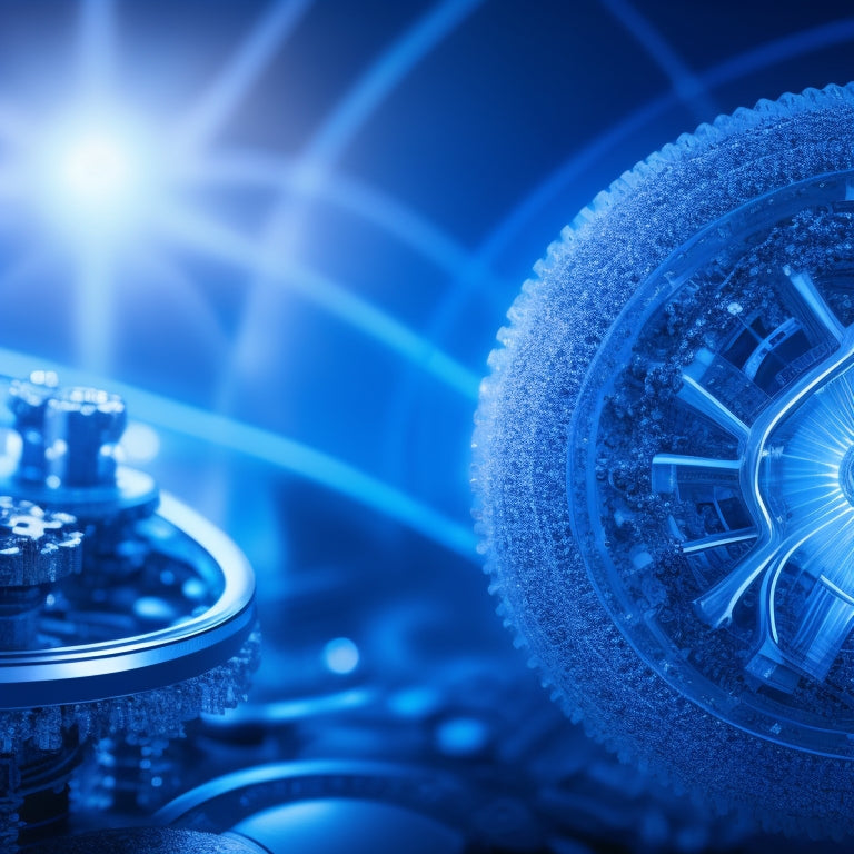 An abstract illustration featuring interconnected gears, circuits, and nodes in shades of blue and white, forming a dynamic, futuristic landscape, with subtle glow effects and sleek lines.