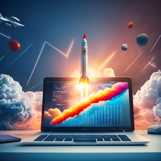 An illustration of a rocket ship blasting off into the digital clouds, surrounded by laptops, smartphones, and tablets with rising sales graphs and increasing dollar signs.