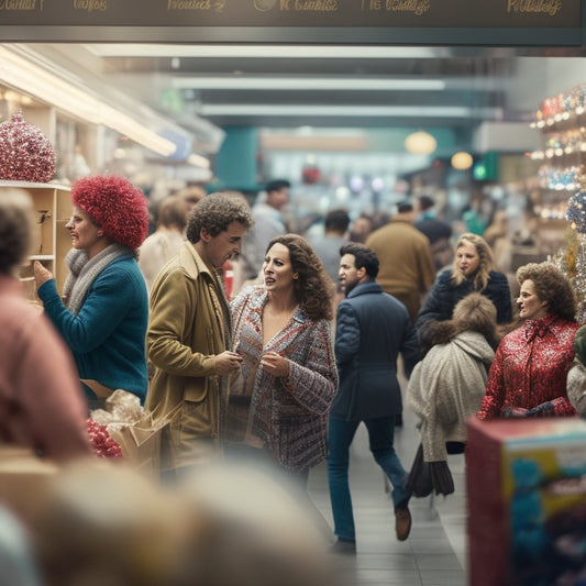 A chaotic storefront scene with shoppers rushing to grab discounted items, shelves nearly empty, and a frazzled sales associate in the background, surrounded by boxes and festive decorations.