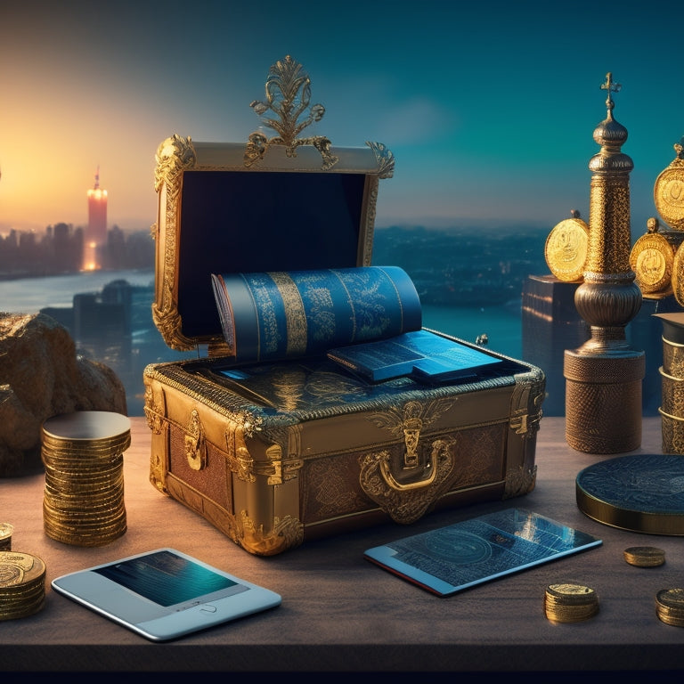 A treasure chest overflowing with gold coins, surrounded by laptops, tablets, and smartphones, with a subtle background of a cityscape or a graph trending upwards.