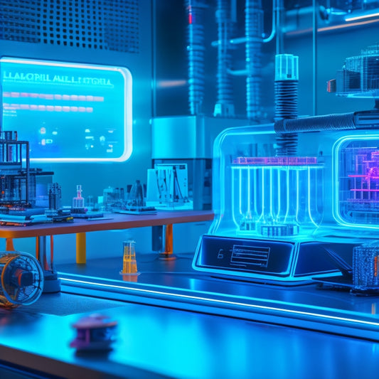 A futuristic, high-tech laboratory with sleek machinery, vibrant neon lights, and 3D printers creating intricate, swirling patterns on various materials, surrounded by futuristic gadgets and futuristic design elements.