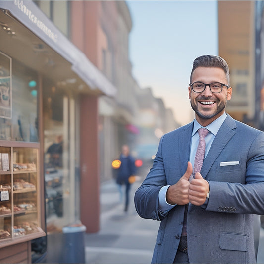 An illustration of a smiling business owner standing in front of a bustling storefront, with a tablet displaying a rising sales graph and a satisfied customer giving a thumbs up in the background.