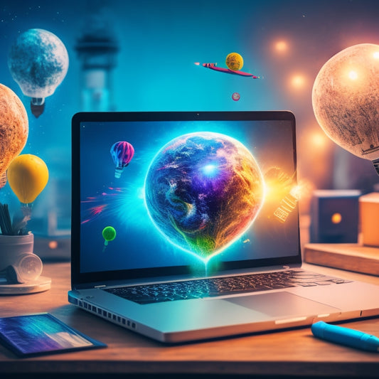 A futuristic online learning platform with a rocket ship bursting out of a laptop, surrounded by glowing brain icons, lightbulbs, and swirling vortex of colors, symbolizing accelerated growth and success.