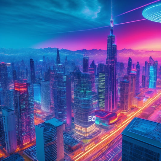 A futuristic cityscape at dusk with sleek skyscrapers, neon lights, and holographic advertisements, featuring various digital platforms (e.g., smartphones, laptops, tablets) orbiting around a central, glowing product.