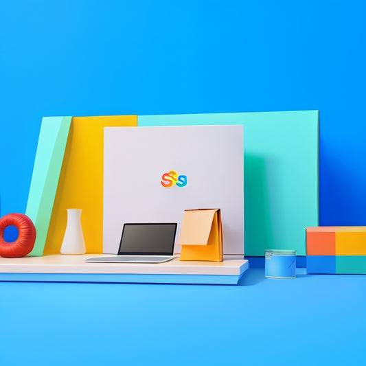 A futuristic, minimalist illustration of a laptop screen displaying a Google Merchant dashboard, surrounded by e-commerce elements like shopping bags, price tags, and shipping boxes, set against a gradient blue background.
