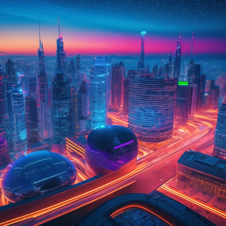 A futuristic, neon-lit cityscape at dusk, with skyscrapers composed of interchangeable, glowing blocks, and sleek, silver spheres orbiting around them, symbolizing modular commerce.