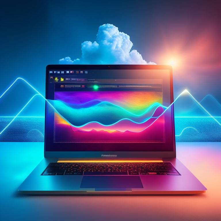 An illustration of a laptop with a glowing screen displaying a digital storefront, surrounded by swirling clouds of 1s and 0s, with shopping bags and arrows flowing out of the screen, merging into a rising graph.