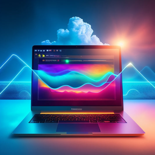 An illustration of a laptop with a glowing screen displaying a digital storefront, surrounded by swirling clouds of 1s and 0s, with shopping bags and arrows flowing out of the screen, merging into a rising graph.