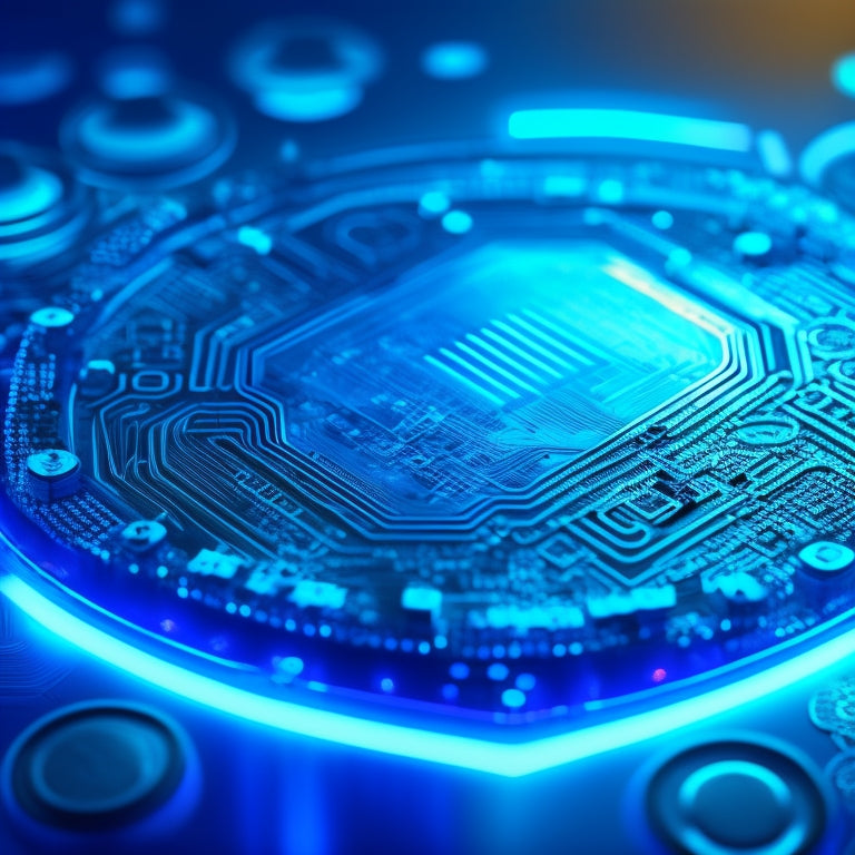 A futuristic, minimalist background with a large, 3D, glowing blue circuit board at the center, surrounded by orbiting digital coins and swirling lines of code.