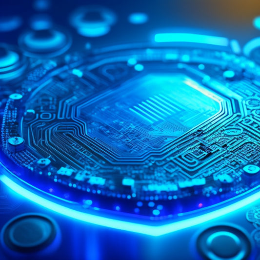 A futuristic, minimalist background with a large, 3D, glowing blue circuit board at the center, surrounded by orbiting digital coins and swirling lines of code.