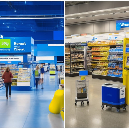 A split-screen image: a bustling Walmart store with shoppers using smartphones and self-checkout kiosks on one side, and a futuristic, sleek, and minimalist Walmart store with robots and augmented reality displays on the other.