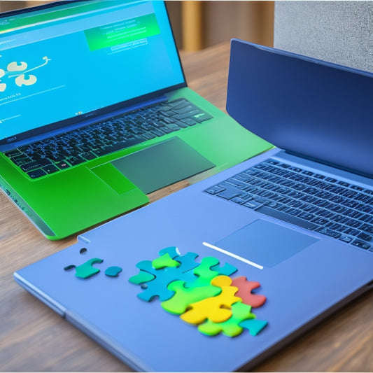 A split-screen image featuring a laptop on the left with a puzzle piece fitting into a larger online course diagram, and a pricing scale with a balance icon on the right, surrounded by subtle gradient hues of blue and green.
