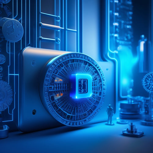 A futuristic, minimalist illustration featuring a stylized ecommerce icon at the center, surrounded by puzzle pieces with locks, gears, and circuits, all interconnected and glowing with soft blue light.