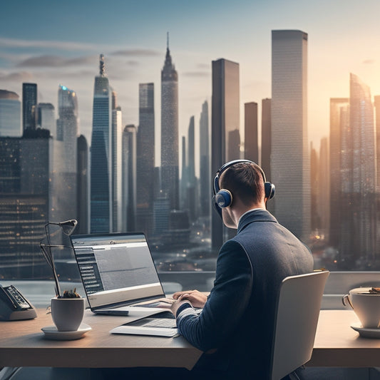 A minimalist illustration of a person sitting at a desk with a microphone, surrounded by notes, headphones, and a laptop, amidst a subtle cityscape backdrop with blurred skyscrapers.
