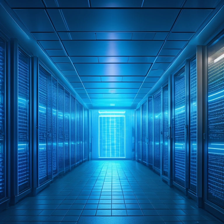 A futuristic, neon-lit server room with rows of humming machines, a glowing blue orb hovering above, surrounded by swirling clouds of binary code, and a subtle grid pattern in the background.