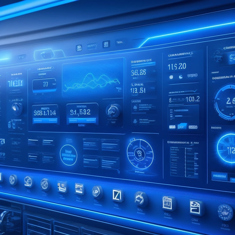 A futuristic ecommerce platform dashboard with interconnected gears, cogs, and circuits, surrounded by speeding arrows and rising charts, set against a bright, gradient blue background.