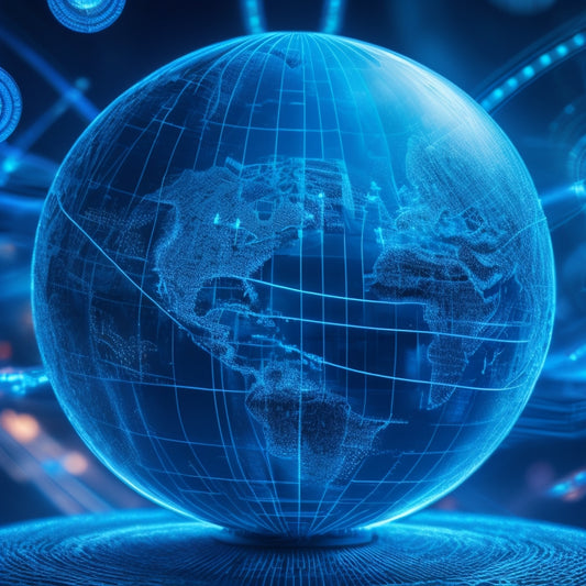 A futuristic globe with glowing blue lines and nodes, surrounded by swirling arrows and locks, with a subtle background of circuit boards and abstract digital patterns.