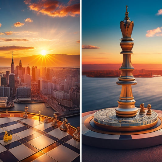 A split-screen image featuring a chessboard with carefully placed pieces on one side, and a roulette wheel with a ball landing on a winning number on the other, set against a cityscape background at sunset.
