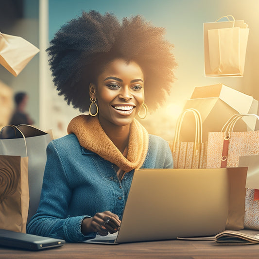A stylized illustration of a smiling customer surrounded by swirling shopping bags, laptops, and mobile devices, amidst a background of subtle retail patterns and soft, calming colors.