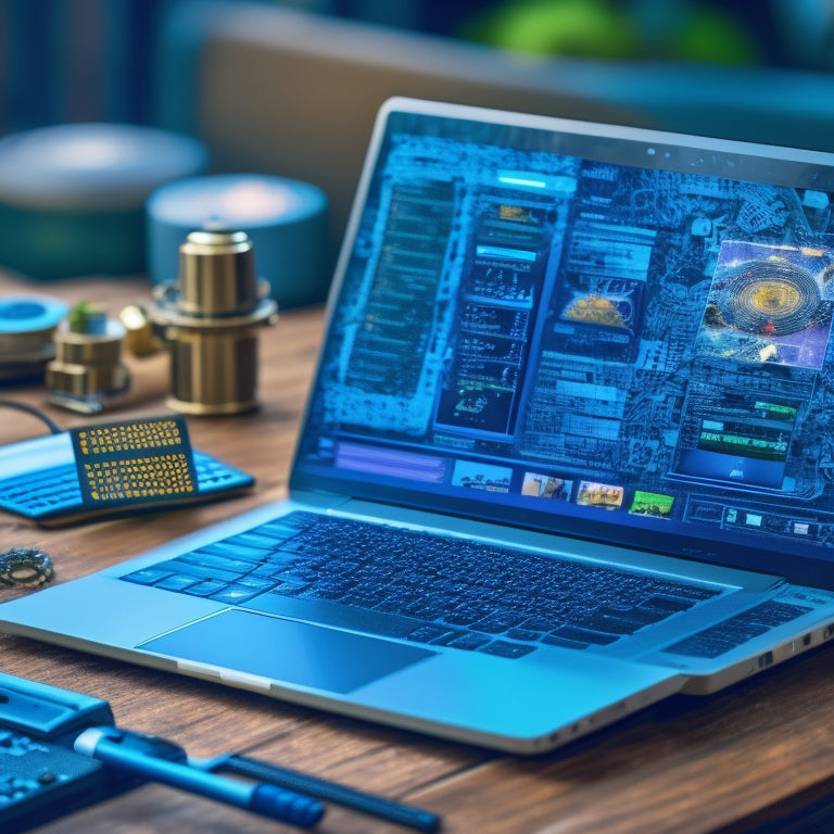 An illustration of a laptop screen displaying a merchant support portal with various tabs and icons, surrounded by a subtle background of circuit boards and gears, conveying technology and support.