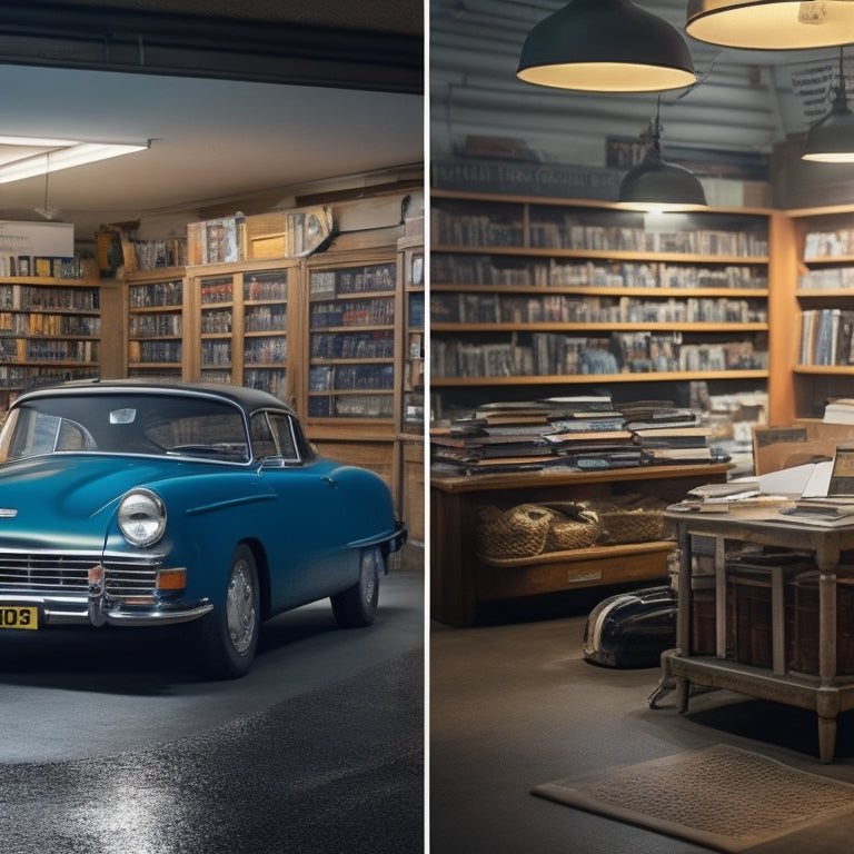 A split-screen image featuring a cluttered, dimly lit bookstore on one side, with a lone, worn-out car repair manual lying open on a counter, versus a bright, organized bookstore on the other, with a sleek, modern car parked outside.