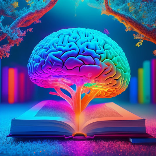 A vibrant, stylized illustration of a brain with glowing, swirling lights and colorful, branching pathways radiating outward, surrounded by open books, with a subtle, shimmering aura of creativity.