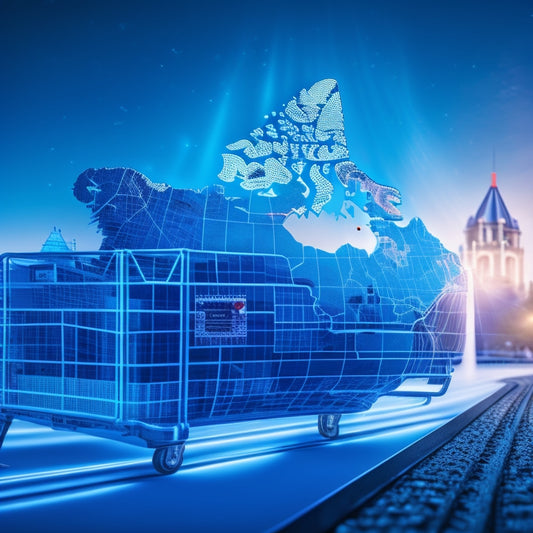 A stylized illustration of a digital map of Canada with glowing blue lines and dots, connecting various ecommerce icons, such as shopping carts and packages, amidst a subtle background of postal stamps.