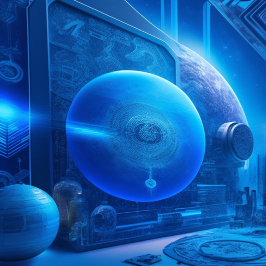 A digital canvas with a subtle gradient of blues and whites, featuring a stylized paintbrush made of 1s and 0s, surrounded by orbiting art pieces and monetary symbols in a futuristic, cyberpunk-inspired aesthetic.