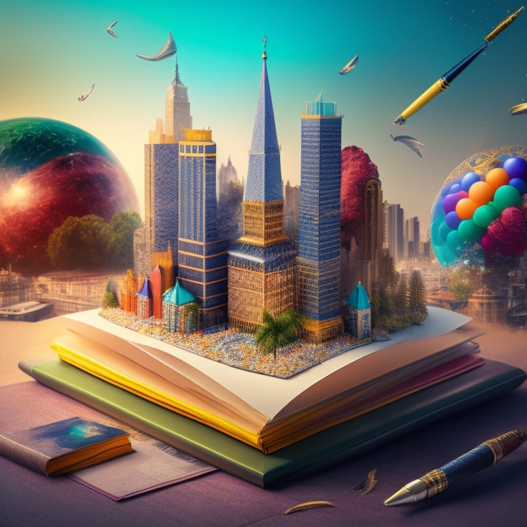 A vibrant, stylized illustration of a pen bursting out of a traditional publishing box, surrounded by swirling papers and books, with a subtle cityscape or library background, conveying freedom and innovation.