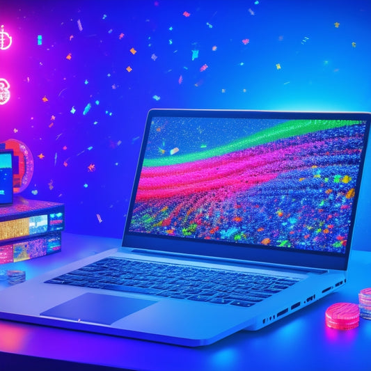 A colorful, futuristic illustration of a laptop screen displaying a rising graph, surrounded by scattered digital products (ebooks, software, and apps) with arrows pointing upwards, amidst a whirlwind of coins and confetti.