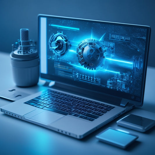 A futuristic, minimalist illustration of a laptop displaying an e-commerce website, surrounded by orbiting gears, circuits, and tiny robots, conveying efficient technical support for online merchants.