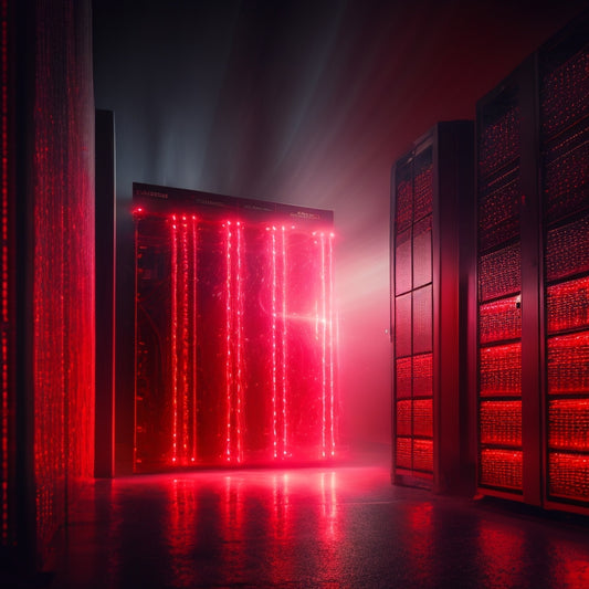 A dark, misty background with a faint outline of a server rack in the distance, a single bright red "403" symbol hovering above it, surrounded by wispy, swirling patterns of code.