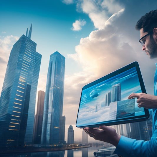 An illustration of a person holding a tablet, surrounded by swirling clouds of 1s and 0s, with a cityscape in the background, featuring sleek, modern buildings and minimal storefronts.