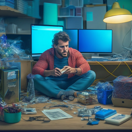 A frustrated online merchant sitting in front of a cluttered desk with a broken computer, tangled wires, and error messages on the screen, surrounded by abandoned shopping carts and crushed packaging boxes.
