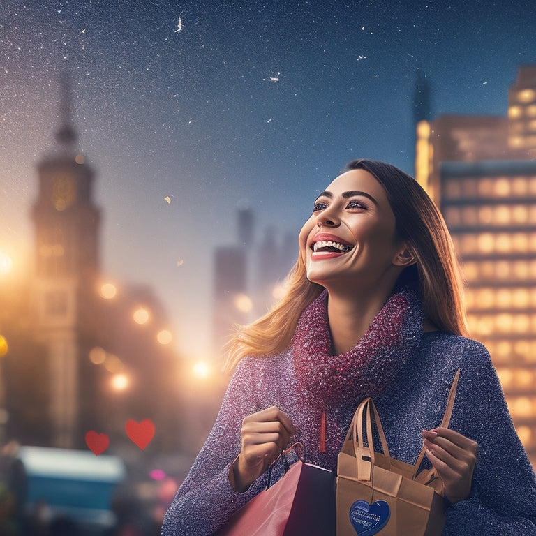 An illustration of a smiling, satisfied customer surrounded by floating shopping bags, stars, and hearts, with a subtle background of a cityscape at dusk, conveying a sense of online shopping delight.