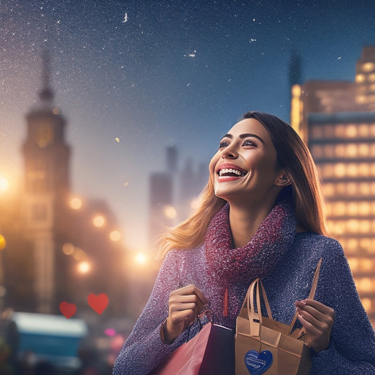 An illustration of a smiling, satisfied customer surrounded by floating shopping bags, stars, and hearts, with a subtle background of a cityscape at dusk, conveying a sense of online shopping delight.