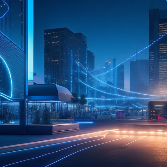 A futuristic, sleek, and minimalist background with interconnected nodes and glowing blue lines, surrounded by floating 3D shopping bags, and a subtle hint of a cityscape at dusk.