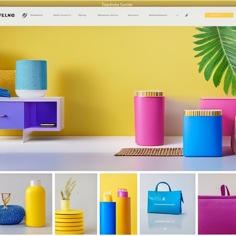 A vibrant, modern e-commerce website background with a diverse array of colorful product images, interspersed with sleek, minimalist template designs and subtle shopping cart icons.