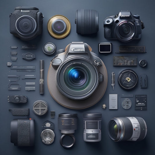 A dark gray background with a silver Canon EOS 6D camera centered, surrounded by various software icons (e.g. Adobe Lightroom, Photoshop) in a circular pattern, with connecting lines and gears in the background.