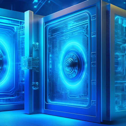 A futuristic, high-tech illustration of a protected digital vault with glowing blue circuits, surrounded by a mesh of interconnected nodes and puzzle pieces, locked by a large, metallic key.