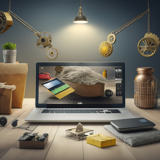 A stylized illustration of a sales funnel with gears and cogs, surrounded by shopping bags, laptops, and smartphones, with a subtle ecommerce website interface in the background.