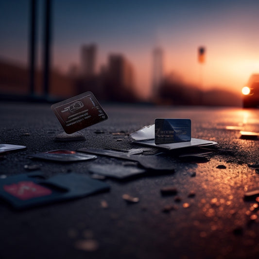 A cracked, worn-out credit card lies on a dark, cracked asphalt road, surrounded by shattered shopping bags and broken locks, with a faint cityscape in the blurred background.