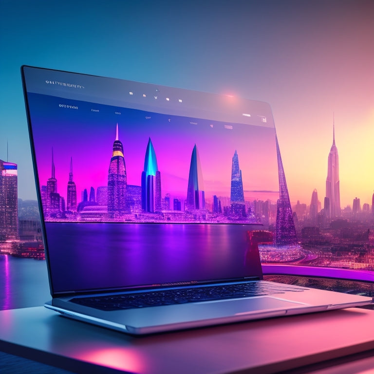 A futuristic online shopping interface with a sleek, modern laptop and a cityscape background, featuring a customizable Bootstrap template with vibrant colors and geometric shapes.