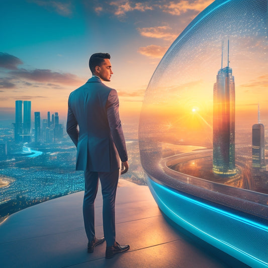 An illustration of a customer standing in front of a sleek, modern cityscape at sunset, surrounded by swooping lines and icons of digital devices, with a smooth, curved pathway leading to a glowing, futuristic portal.